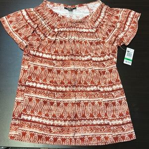 Pattern t shirt blouse ruffled loose fit orange whjte red